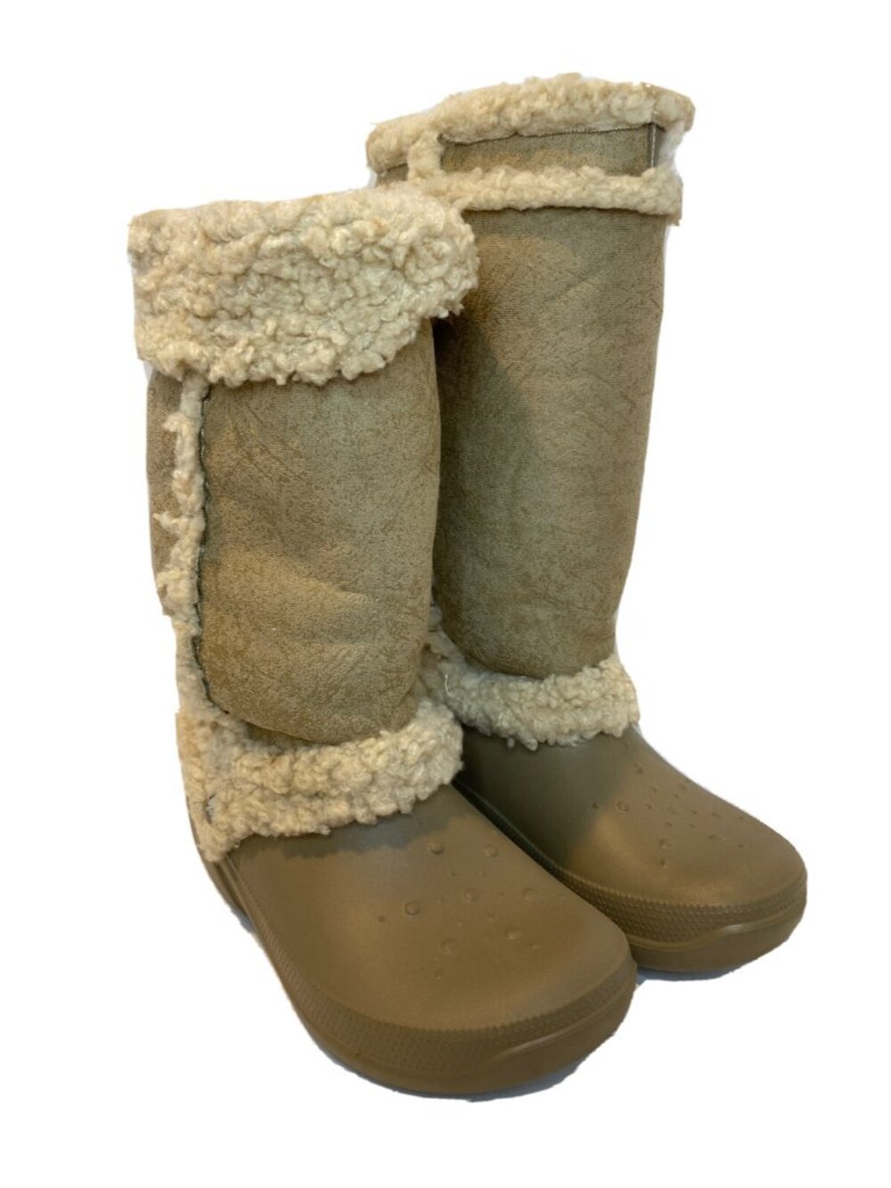 Crocs Boots Mid Calf Tan Beige Lined Faux Suede Fur Winter Snow Size 6